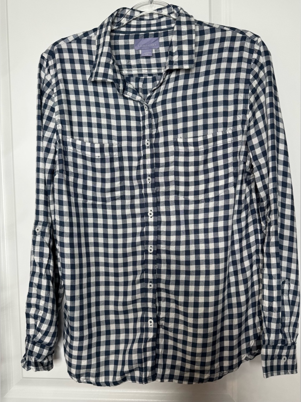 Laura Scott Navy and White Gingham Button-Up Shirt with pockets casual preppy MD